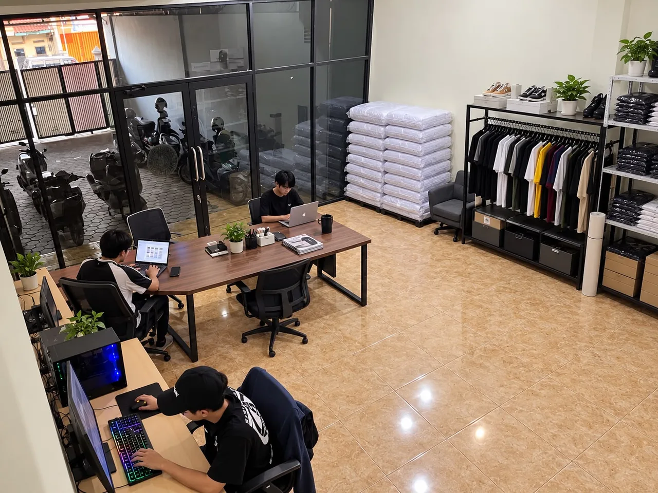 Ruang kerja dengan meja konsultasi, koleksi apparel, dan rak material