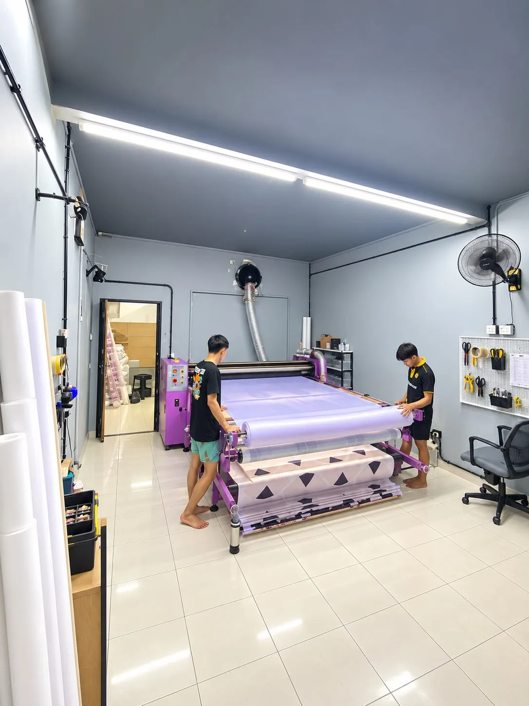 Tim mengoperasikan mesin press roll untuk material printing