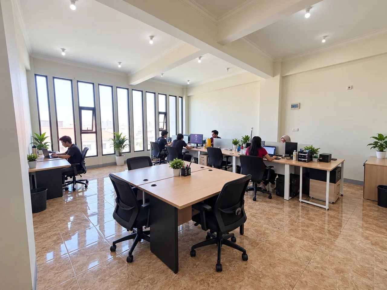 Tim bekerja di ruang kantor dan koordinasi desain